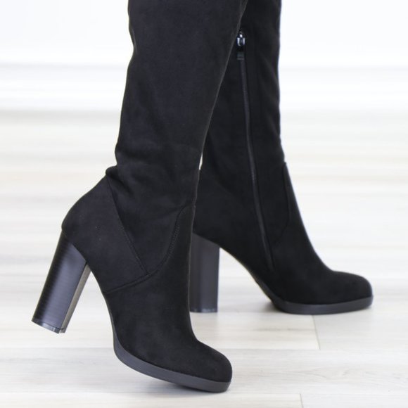 Tie Back Over Knee Heeled Sleek Boots Suede Black - Picture 8 of 15